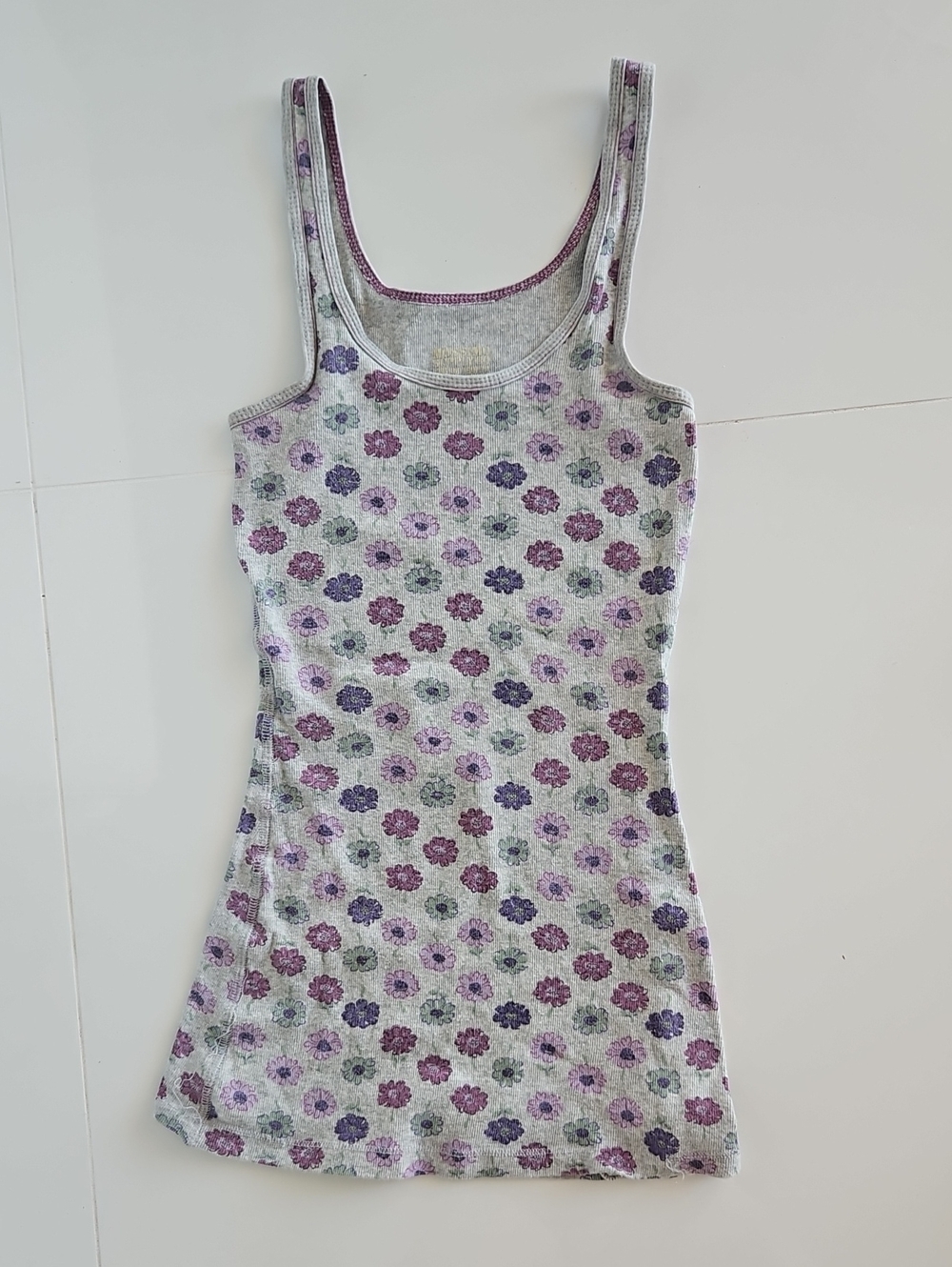 Mossimo Supply Co. Long & Lean Gray Floral Tank Top with Pink & Purple Flowers